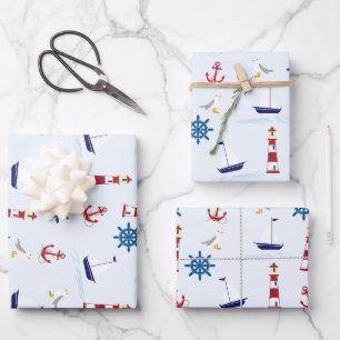 Niedliches Leuchtturmschiff und Sea Gull Blue Wr Geschenkpapier Set