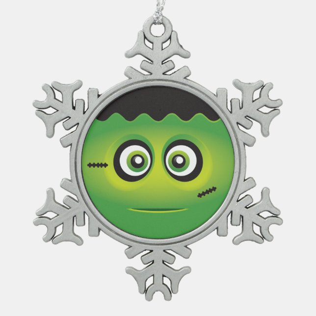 Niedliches Lil Frankenstein emoji glückliches Schneeflocken Zinn-Ornament (Vorderseite)