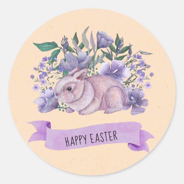 Niedliches Lila Bunny Florals Happy OsterNapkins Runder Aufkleber (Vorderseite)