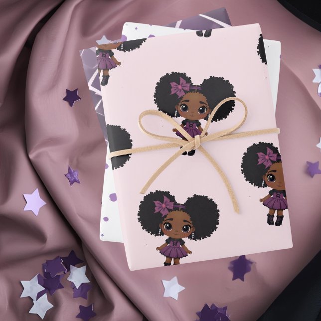 Niedliches Lila Dotgirl Geschenkpapier Set (Cute Purple dot girl afro-puff Wrapping Paper Sheets)