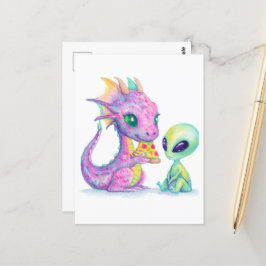 Niedliches Lila Dragon Baby Pizza mit Alien essen Postkarte