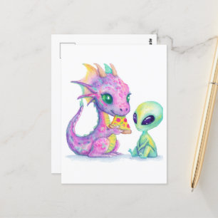Niedliches Lila Dragon Baby Pizza mit Alien essen Postkarte