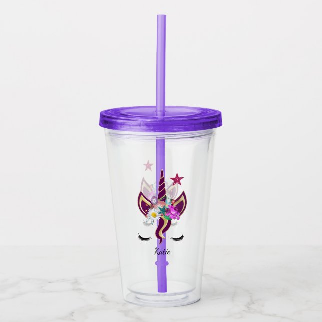 Niedliches Lila Einhorn Personalisiert Acryltrinkbecher (Vorderseite)