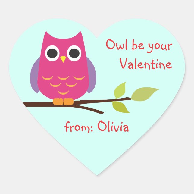 Niedliches lila Eule-Klassenvalentin personalisier Herz-Aufkleber (Vorderseite)