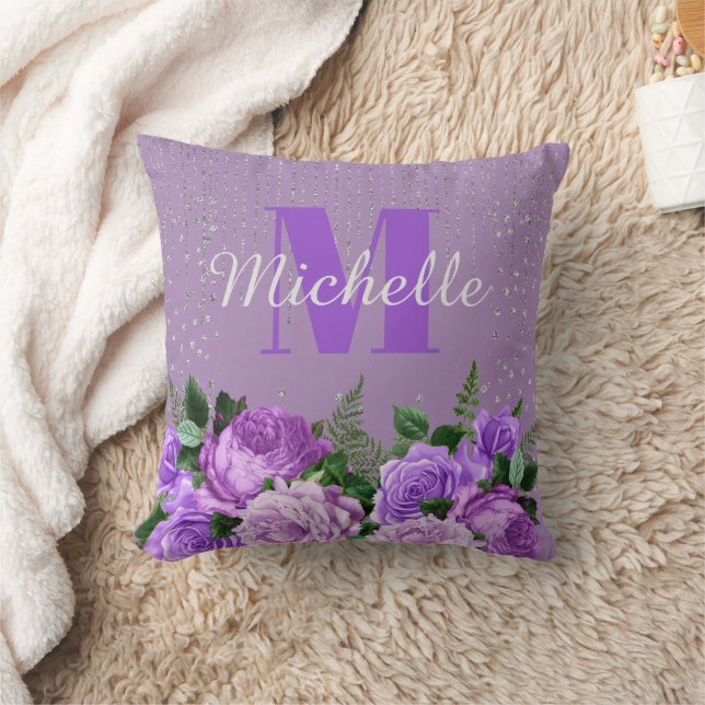 Niedliches Lila Floral Silber Glitzer Monogramm Kissen (Decke)
