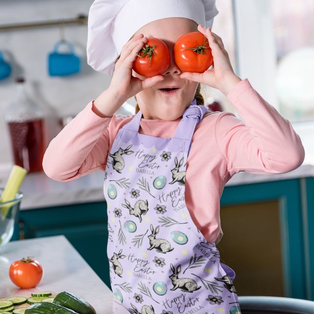 Niedliches Lila Happy Ostersonne und Eiermuster Schürze (Cute Purple Easter Apron. "Happy Easter [name]" Easter Bunny, Colorful Egg, Leaves & Little Flowers)