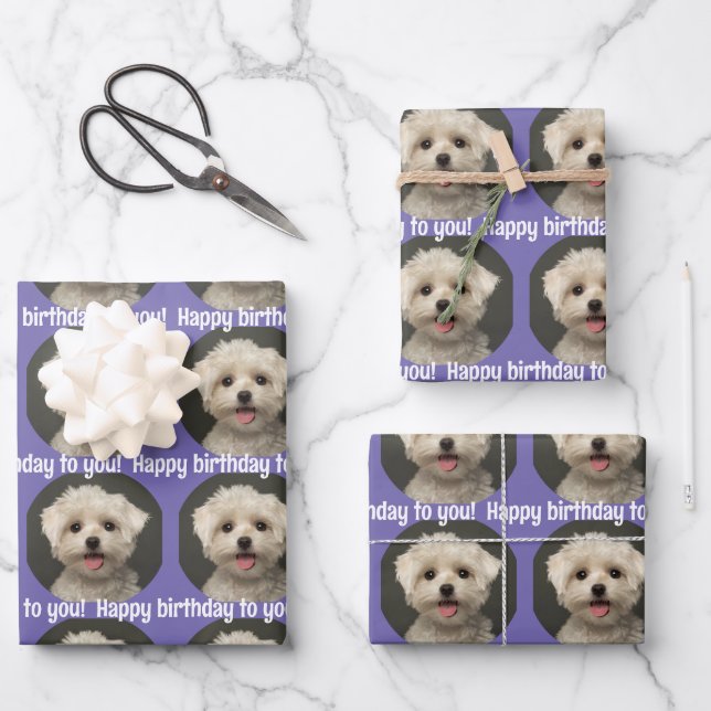 Niedliches Lila Haustier Foto Muster Happy Birthda Geschenkpapier Set (Vorderseite)