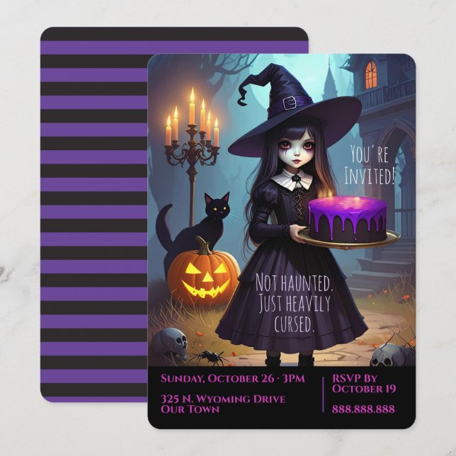 Niedliches, Lila HexenHalloween-Party, Einladung (Vorne/Hinten)