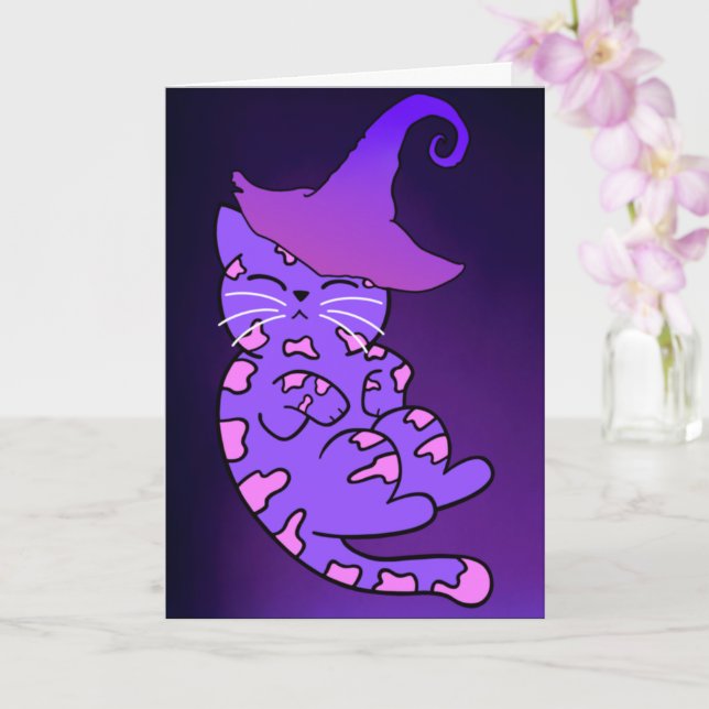 Niedliches Lila Kitten mit Hexenhut Karte (Orchidee)