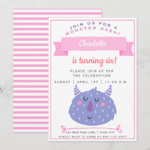 Niedliches Lila Monster   Monster Bash Girls Gebur Einladung