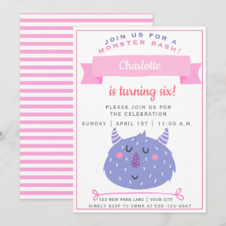 Niedliches Lila Monster | Monster Bash Girls Gebur Einladung