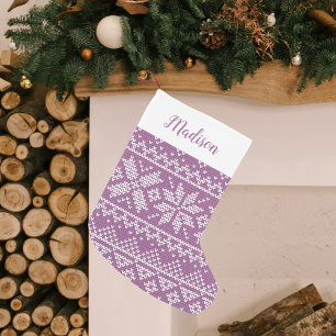 Niedliches Lila Nordic Snowflake Sweater Muster Kleiner Weihnachtsstrumpf