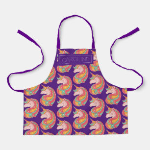 Niedliches Lila Orange Unicorn Muster Name Kinder Schürze