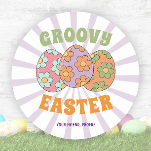 Niedliches Lila Retro Groovy Ostern Party Runder Aufkleber