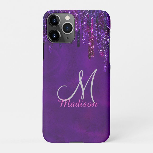 Niedliches Lila Rosa Einhorn Glitzer Tropfen Monog iPhone Hülle (Rückseite)