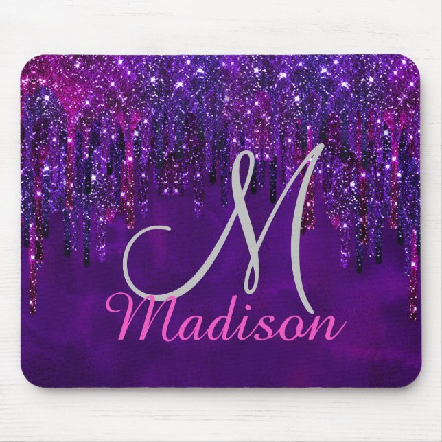 Niedliches Lila Rosa Einhorn Glitzer Tropfen Monog Mousepad (Vorne)