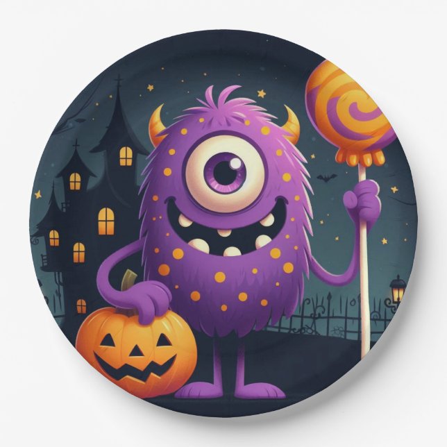 Niedliches, lila Trick-oder-Behandlung-Monster Pappteller (Vorderseite)
