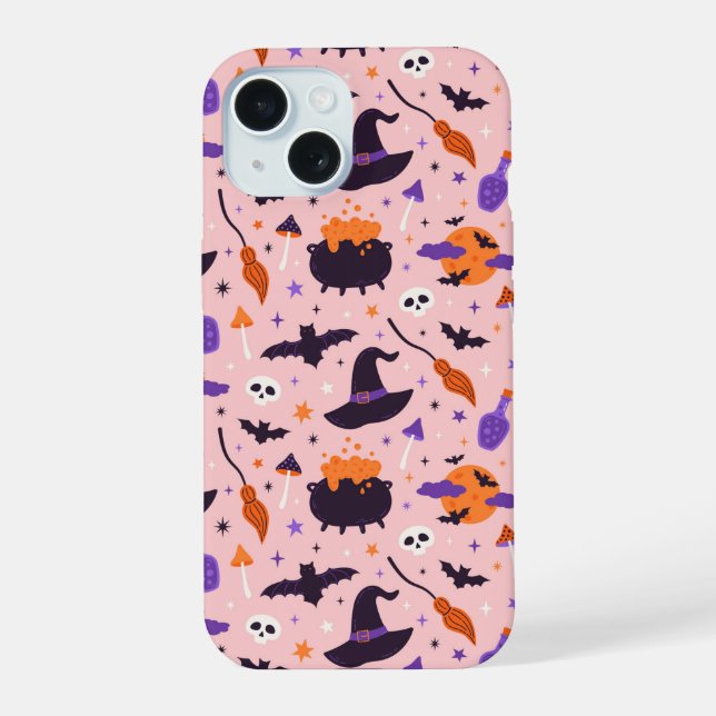 Niedliches Lila und rosa Halloween-Muster iPhone 15 Hülle (Rückseite)