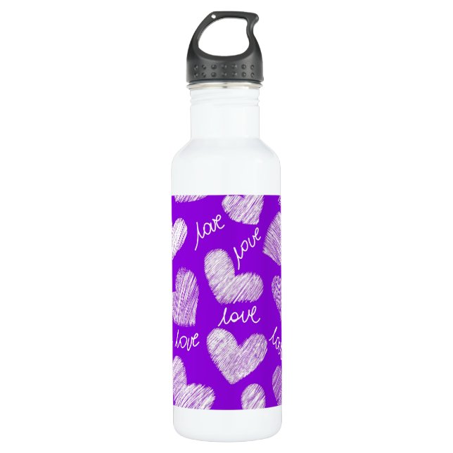 Niedliches Lila White Scribbled Herz mit Liebe Scr Trinkflasche (Vorderseite)