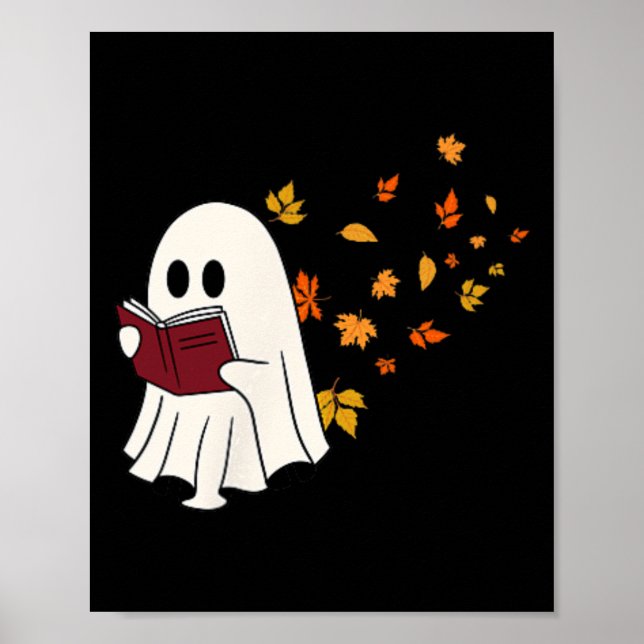 Niedliches Little Ghost Reading Book Under Herbstl Poster (Vorne)