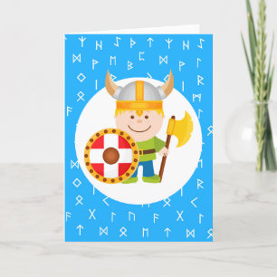 Niedliches Little Viking auf Viking Runes Blue Hin Feiertagskarte