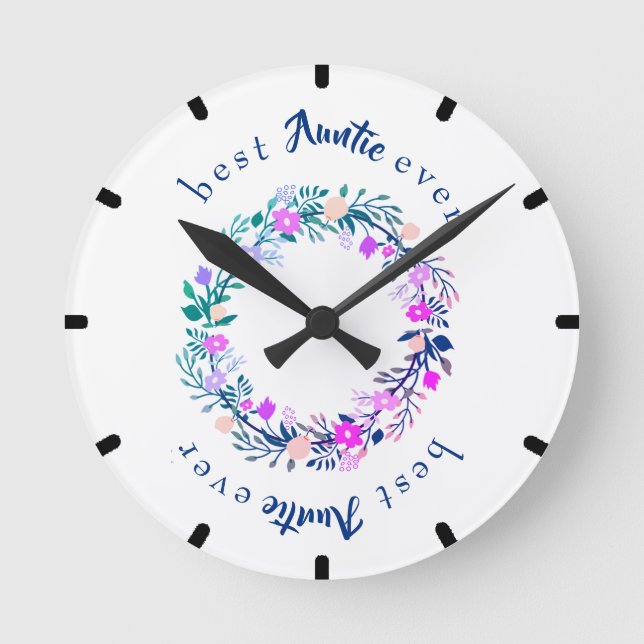 Niedliches Logo Best Auntie Ever Word Art Runde Wanduhr (Vorderseite)