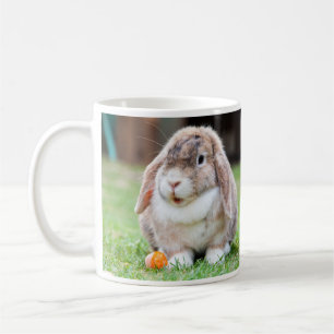 Niedliches Lop-Eared Kaninchen im Gras mit Karotte Kaffeetasse