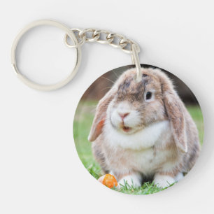 Niedliches Lop-Eared Kaninchen im Gras mit Karotte Schlüsselanhänger