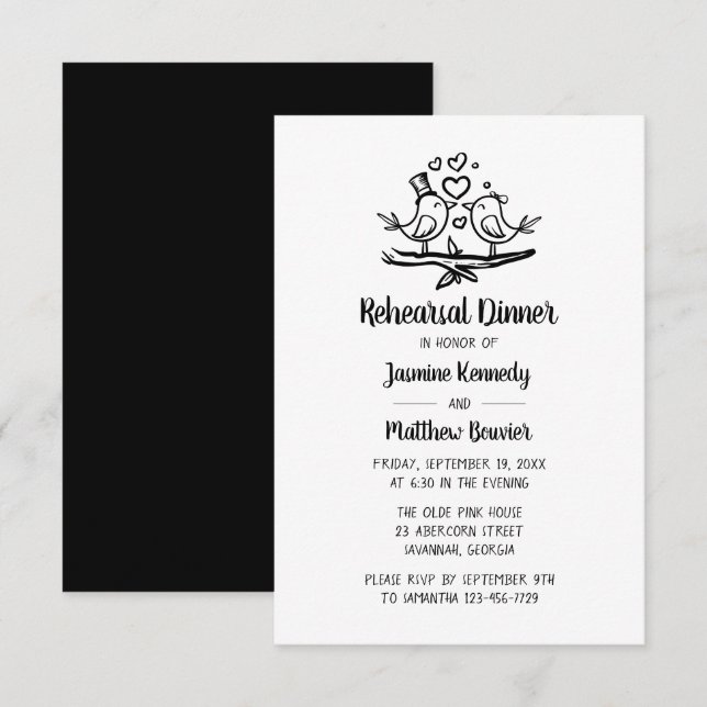 Niedliches Lovebird Schwarz-weiß Hochzeitsessen Pr Einladung (Vorne/Hinten)