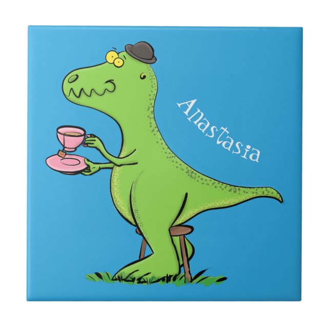 Niedliches, lustiges Grün zum Rex-Dinosaurier-Cart Fliese (Vorderseite)