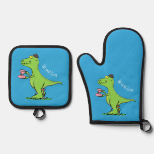 Niedliches, lustiges Grün zum Rex-Dinosaurier-Cart Ofenhandschuh & Topflappen-Set
