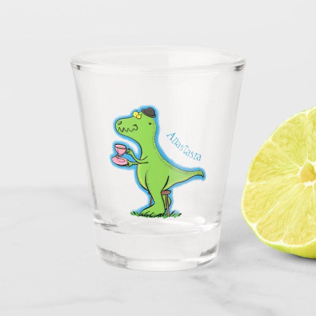 Niedliches, lustiges Grün zum Rex-Dinosaurier-Cart Schnapsglas (Vorderseite)