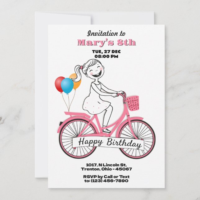 Niedliches Mädchen auf dem Fahrrad Happy Birthday  Einladung (Vorderseite)