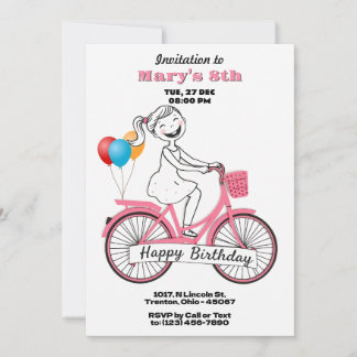 Niedliches Mädchen auf dem Fahrrad Happy Birthday Einladung