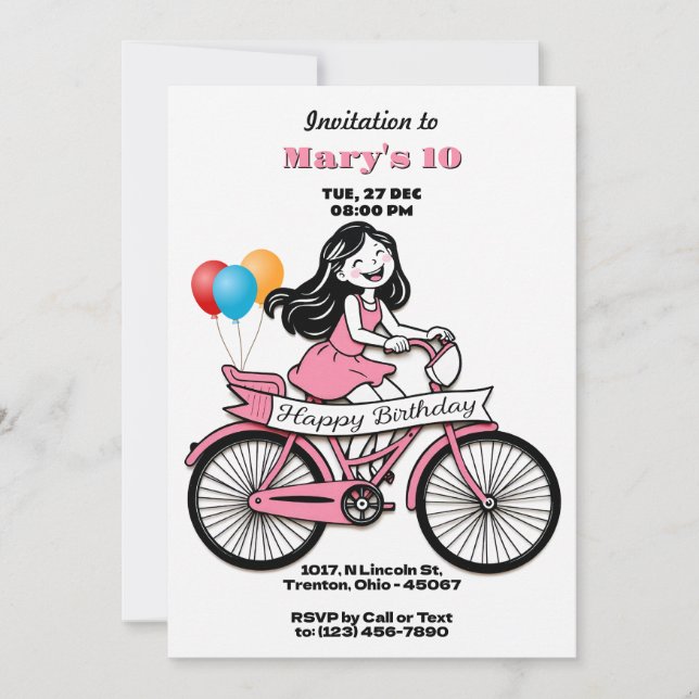 Niedliches Mädchen auf dem Fahrrad Happy Birthday  Einladung (Vorderseite)