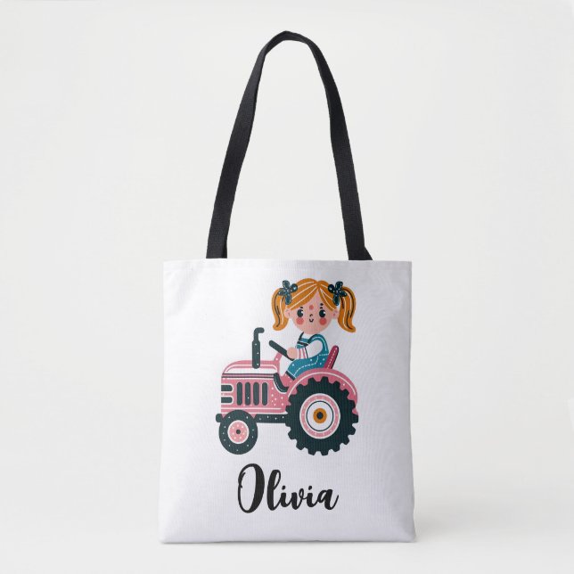 Niedliches Mädchen auf rosa Traktor Personalisiert Tasche (Vorderseite)