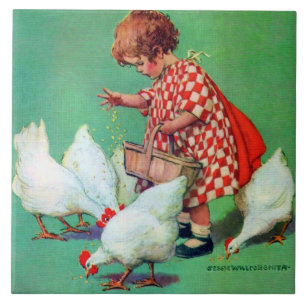 Niedliches Mädchen Füttre Hens von Jessie Willco Fliese