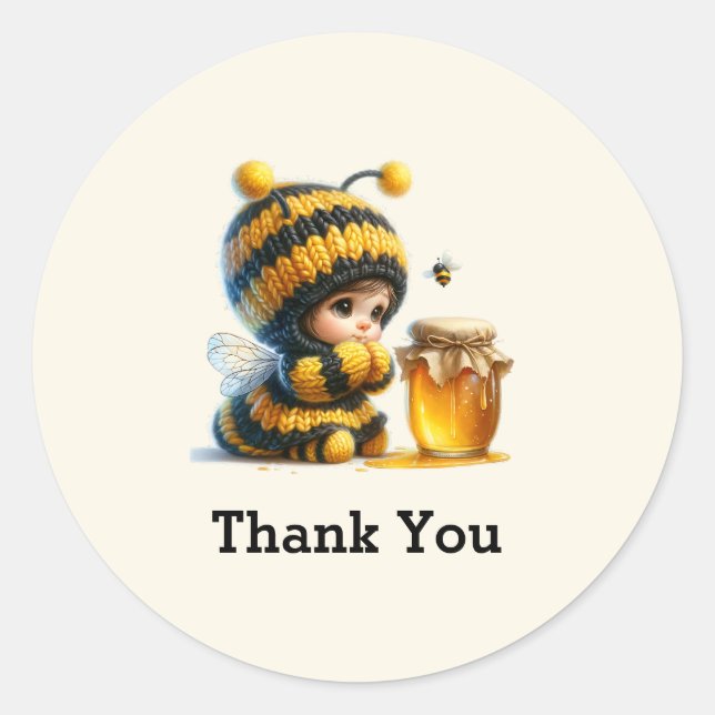 Niedliches Mädchen in Bee Costume mit Honey Danke Runder Aufkleber (Vorderseite)