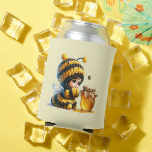 Niedliches Mädchen in BienenKostüm mit Honig Dosenkühler