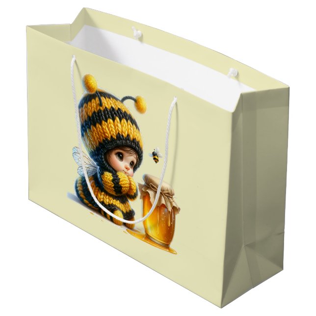 Niedliches Mädchen in BienenKostüm mit Honig Große Geschenktüte (Rückseite Schrägansicht)