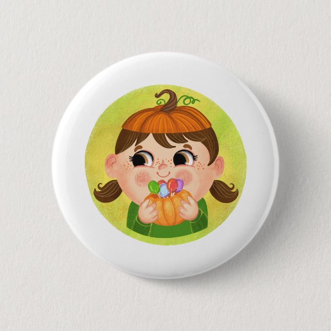 Niedliches Mädchen in einem KürbisHalloweenkostüm Button (Vorderseite)