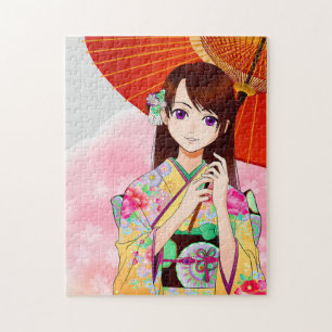 Niedliches Mädchen in rosa Kimono mit rotem Schirm