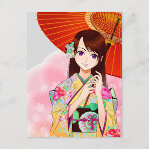 Niedliches Mädchen in rosa Kimono mit rotem Schirm Postkarte
