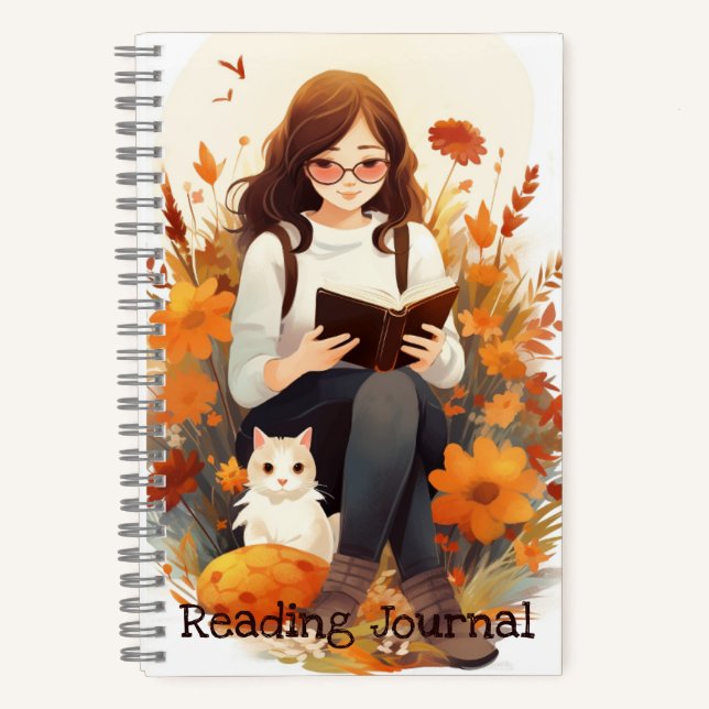 Niedliches Mädchen mit Buch und Katz Herbst lesen (Vorderseite)