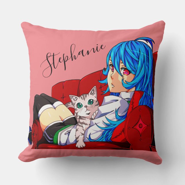 Niedliches Mädchen mit einer Katze Personalisiert Kissen (Vorderseite)