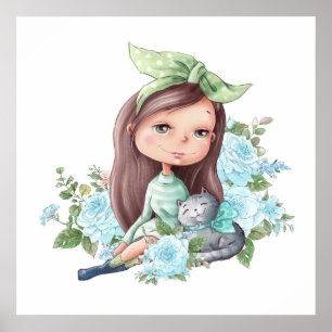 Niedliches Mädchen mit grauer Katzenjammer Blume P Poster