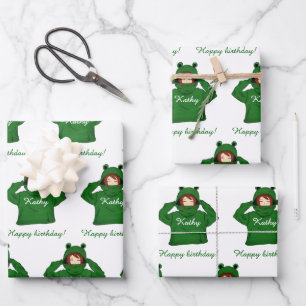 Niedliches Mädchen mit Green Frog Hoody Zeichnend Geschenkpapier Set