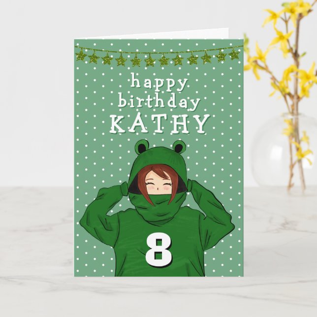Niedliches Mädchen mit Green Frog Hoody Zeichnend  Karte (Gelbe Blume)
