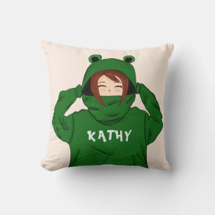 Niedliches Mädchen mit Green Frog Hoody Zeichnend  Kissen