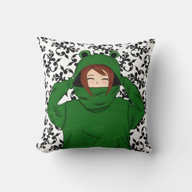 Niedliches Mädchen mit Green Frog Hoody Zeichnend Kissen (Vorderseite)